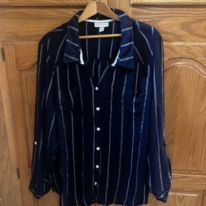 Navy White Button Down Blouse